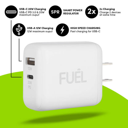 FUEL 32W Dual USB C/A Wall Charger - White